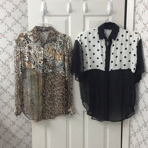 Vintage 90’s 2 Bundle Half Sheer Tops Polka Dot & Animal Print Both XL Sized.